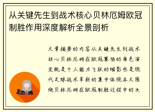 从关键先生到战术核心贝林厄姆欧冠制胜作用深度解析全景剖析 从关键先生到战术核心贝林厄姆欧冠制胜作用深度解析全景剖析